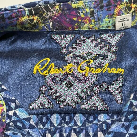 Robert Graham Men's Size L Large Octavian Button up Shirt Flip Cuffs Navy Blue - Picture 5 of 13